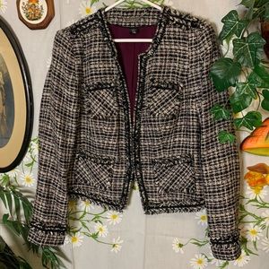 WHBM black purple plaid clueless tweed fringe gunmetal chain accent blazer